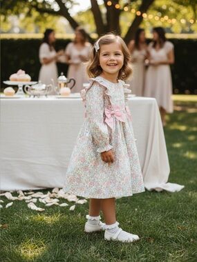 Sweet Floral Ruffle Girl's Dress with Pink Bows | Stitchy Fish | 4T